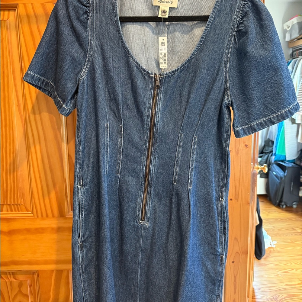 NWT Madewell Blue Denim Mini Dress with Zip Front